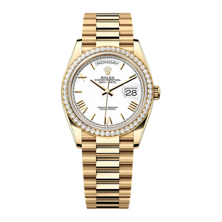Rolex Day-Date 36mm White Roman Dial & Diamond Bezel, 18K Yellow Gold Watch